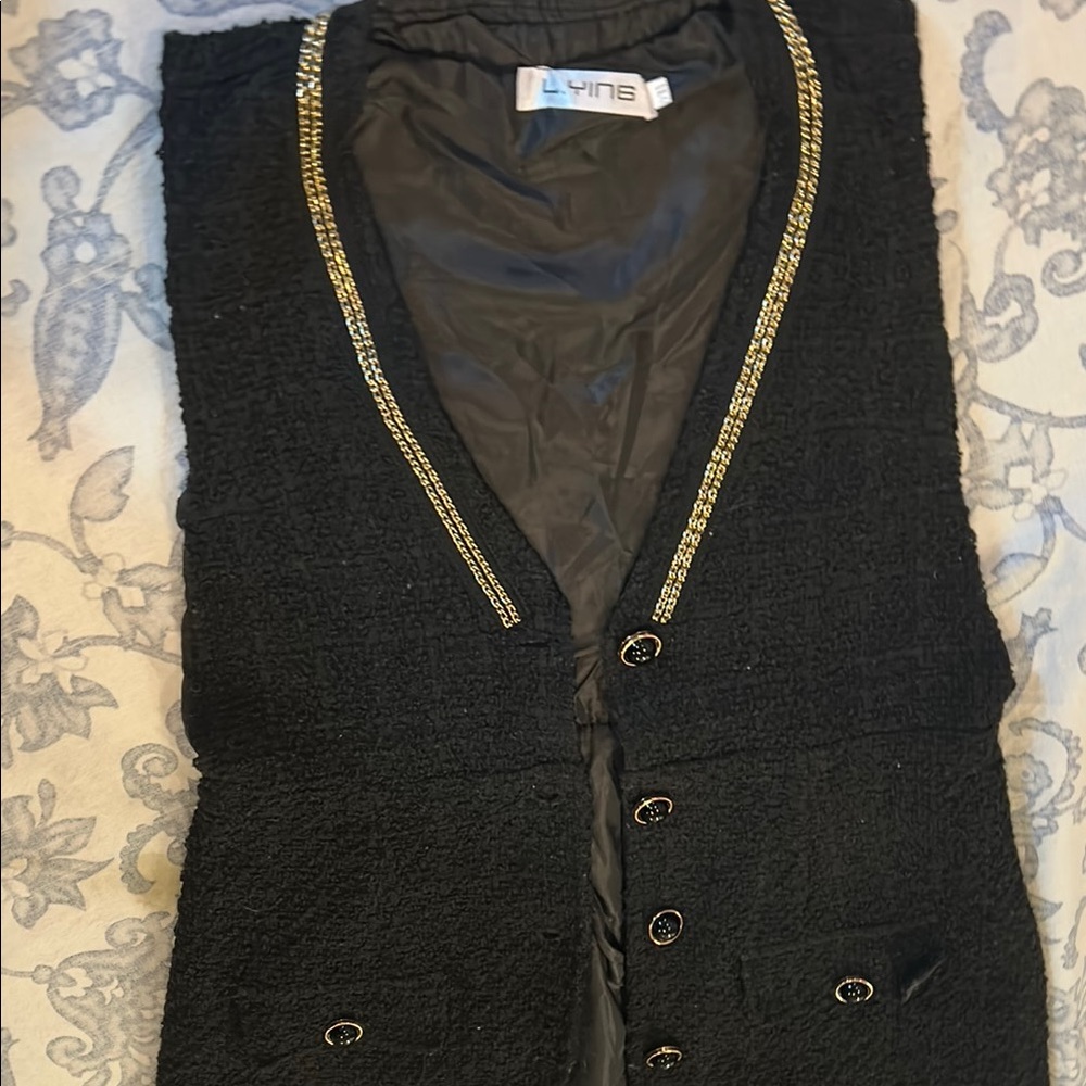 Black Textured Vest with Gold Chain Trim